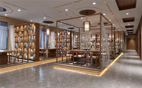 OEM/ODM CUSTOM FURNITURE MANUFACTURE HIGH-END HOTEL TEA HOUSE FURNITURE WITH LED DISPLAY SHELVES & OPEN BOOTHS