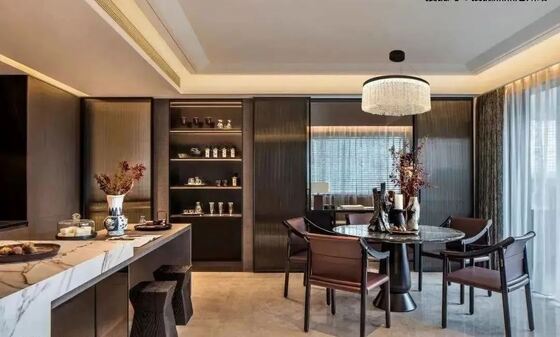 OEM/ODM CUSTOM MODERN LUXURY HOTEL LIVING & DINING FURNITURE SET | MARBLE COFFEE TABLE, L-SHAPED LEATHER SOFA, MARBLE KITCHEN ISLAND & ROUND DINING TABLE FOR VILLA & HIGH-END RESIDENTIAL