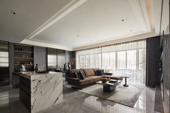 OEM/ODM CUSTOM MODERN LUXURY HOTEL LIVING & DINING FURNITURE SET | MARBLE COFFEE TABLE, L-SHAPED LEATHER SOFA, MARBLE KITCHEN ISLAND & ROUND DINING TABLE FOR VILLA & HIGH-END RESIDENTIAL