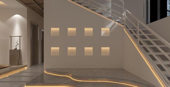 MODERN ZEN-INSPIRED SPACE BLENDS SOFT AMBIENT LIGHTING, NATURAL WOOD TEXTURES, AND FLOWING STONE PATHWAYS. THE CIRCULAR WINDOW AND NEUTRAL TONES CREATE A SERENE ATMOSPHERE