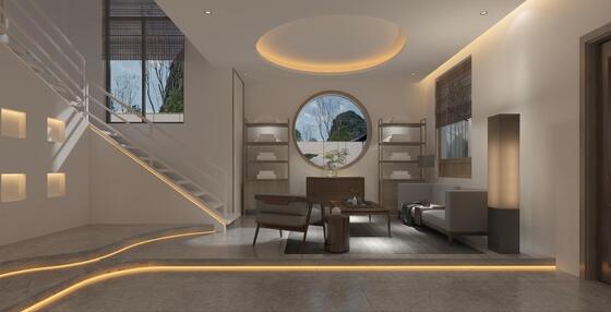 MODERN ZEN-INSPIRED SPACE BLENDS SOFT AMBIENT LIGHTING, NATURAL WOOD TEXTURES, AND FLOWING STONE PATHWAYS. THE CIRCULAR WINDOW AND NEUTRAL TONES CREATE A SERENE ATMOSPHERE