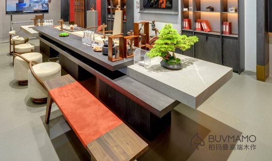 OEM/ODM CUSTOM WALNUT WOOD TEA ROOM FURNITURE - ROUND TEA TABLE, SLATE GONGFU TABLE, GLASS CONSOLE TABLE, 4 CHAIRS WITH SOLID WOOD IN CHINA, GUANGDONG