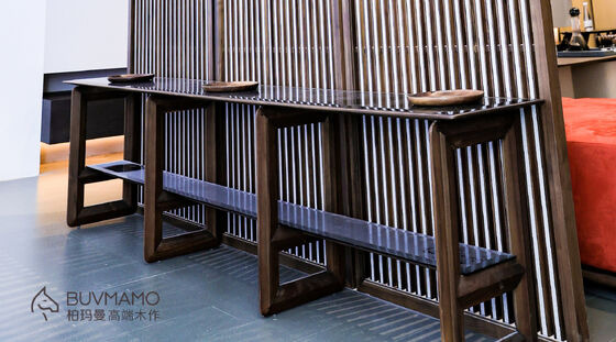 OEM/ODM CUSTOM WALNUT WOOD TEA ROOM FURNITURE - ROUND TEA TABLE, SLATE GONGFU TABLE, GLASS CONSOLE TABLE, 4 CHAIRS WITH SOLID WOOD IN CHINA, GUANGDONG