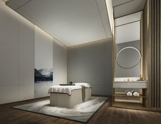 NEW CHINESE LIGHT LUXURY HOTEL INTERIOR DESIGN | SPA ROOM, RESTAURANT & CONFERENCE HALL, WOOD+FABRIC+MARBLE MATERIAL, ORIENTAL INK & HOLLOW GRILLE FEATURE FOR WELLNESS RESORT DECORATION
