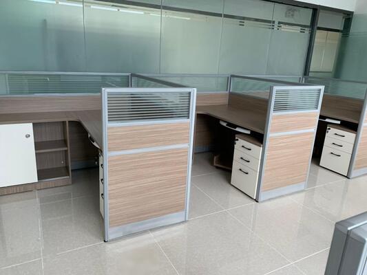 CUSTOM L-SHAPE MODULAR OFFICE CUBICLE DESK | FROSTED GLASS PARTITION STAFF WORKSTATION WITH MOBILE PEDESTAL & SIDE CABINET, CHINA FACTORY WHOLESALE OFFICE FURNITURE