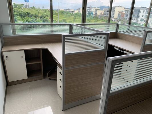 CUSTOM L-SHAPE MODULAR OFFICE CUBICLE DESK | FROSTED GLASS PARTITION STAFF WORKSTATION WITH MOBILE PEDESTAL & SIDE CABINET, CHINA FACTORY WHOLESALE OFFICE FURNITURE