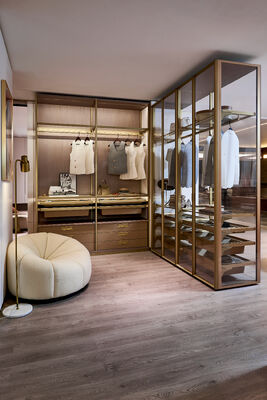 WHOLE HOUSE HOME DECORATION FURNISHING SOLUTION | LUXURY WALK-IN CLOSET INTERIOR DESIGN | CUSTOM GOLD FRAME GLASS FIXED WARDROBE CABINET & MATCHING MOVABLE BEAN BAG CHAIR HOME FURNITURE