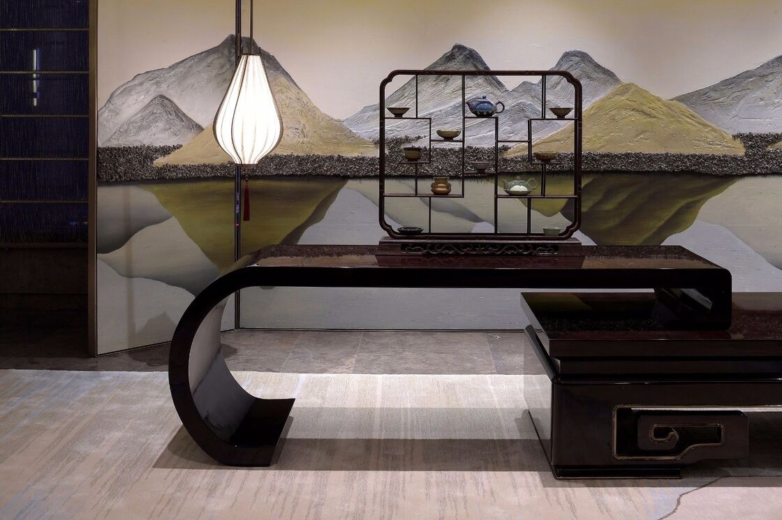PREMIUM OEM/ODM CHINESE STYLE COMMERCIAL CONSOLE FURNITURE | LACQUERED WOOD CONSOLE TABLE WITH DECORATIVE SHELF FOR HOTEL LOBBY & CLUBHOUSE