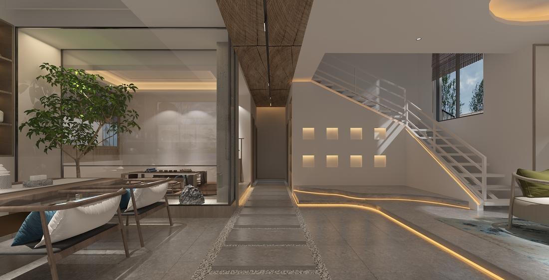 MODERN ZEN-INSPIRED SPACE BLENDS SOFT AMBIENT LIGHTING, NATURAL WOOD TEXTURES, AND FLOWING STONE PATHWAYS. THE CIRCULAR WINDOW AND NEUTRAL TONES CREATE A SERENE ATMOSPHERE