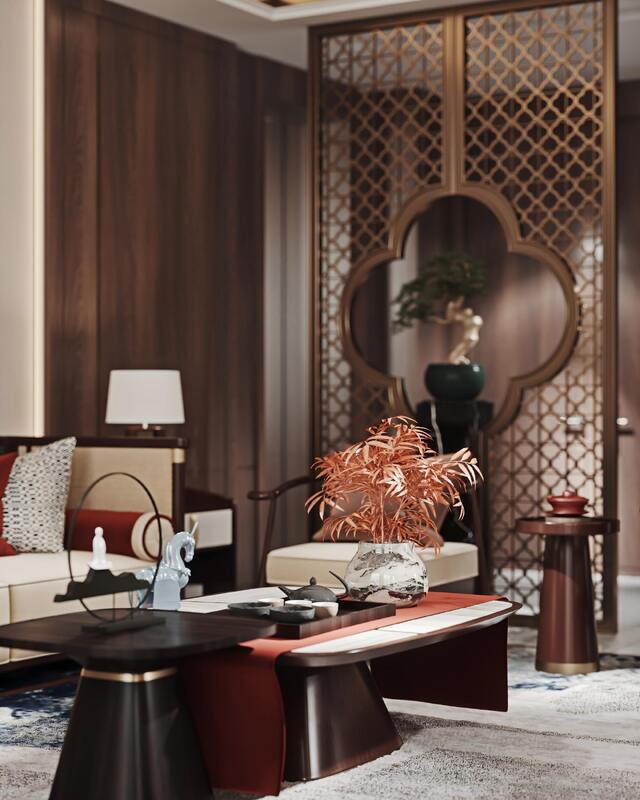 OEM/ODM CUSTOMIZED MODERN ORIENTAL EXECUTIVE OFFICE WITH WOOD PANELS, METAL SCREEN & TEA CEREMONY SPACE IN CHINA