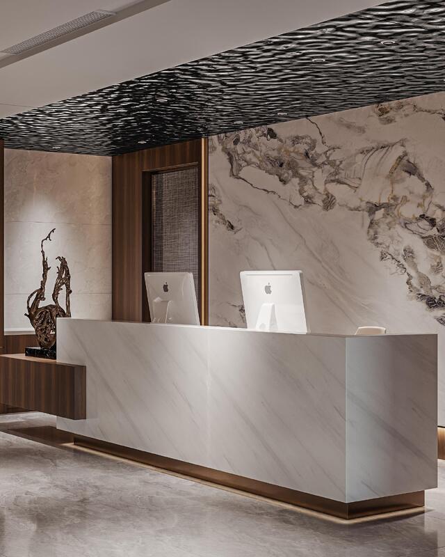 PREMIUM CUSTOM RECEPTION DESK MADE WITH HIGH-QUALITY MARBLE AND SOLID WOOD, FEATURING PRECISE CRAFTSMANSHIP FOR CORPORATE LOBBIES. CREATES A PROFESSIONAL, WELCOMING FIRST IMPRESSION FOR YOUR BUSINESS
