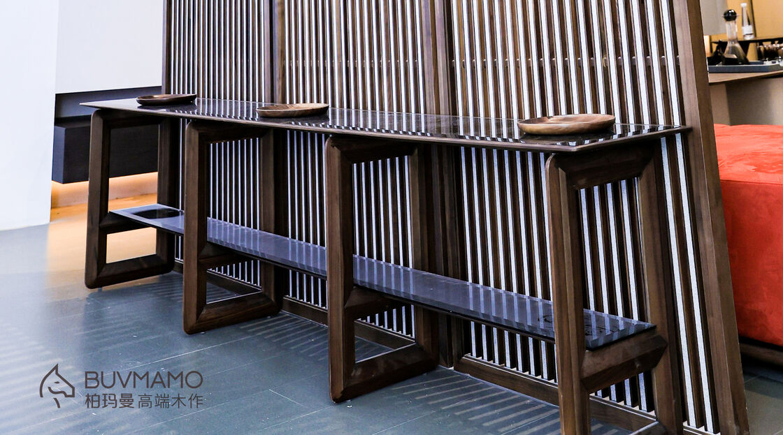 OEM/ODM CUSTOM WALNUT WOOD TEA ROOM FURNITURE - ROUND TEA TABLE, SLATE GONGFU TABLE, GLASS CONSOLE TABLE, 4 CHAIRS WITH SOLID WOOD IN CHINA, GUANGDONG