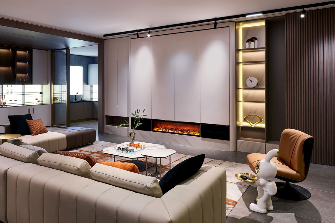 CHINA FURNITURE FACTORY WHOLE HOUSE HOME DECORATION RESIDENTIAL INTERIOR DESIGN PROJECT SUPPLIER |  INTEGRATED BUILT-IN FIXED CABINET & MATCHING MOVABLE LEATHER SOFA COFFEE TABLE