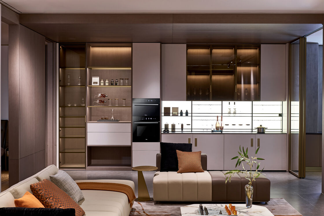 CHINA FURNITURE FACTORY WHOLE HOUSE HOME DECORATION RESIDENTIAL INTERIOR DESIGN PROJECT SUPPLIER |  INTEGRATED BUILT-IN FIXED CABINET & MATCHING MOVABLE LEATHER SOFA COFFEE TABLE