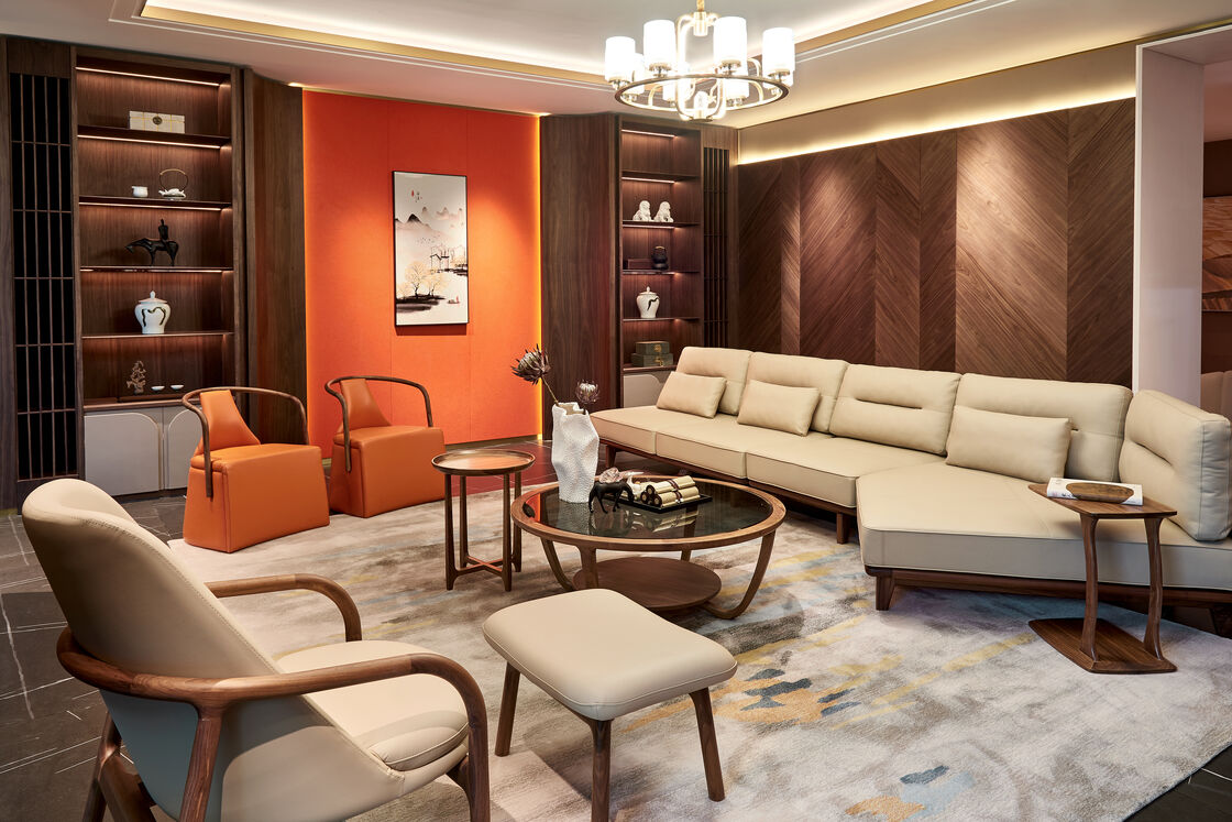 OEM/ODM CUSTOM RESIDENTIAL VILLA HOME DECORATION SUPPLIER | INTEGRATED BUILT-IN FIXED WOOD WALL STORAGE CABINET & MATCHING MOVABLE LIVING ROOM FURNITURE SETS IN CHINA