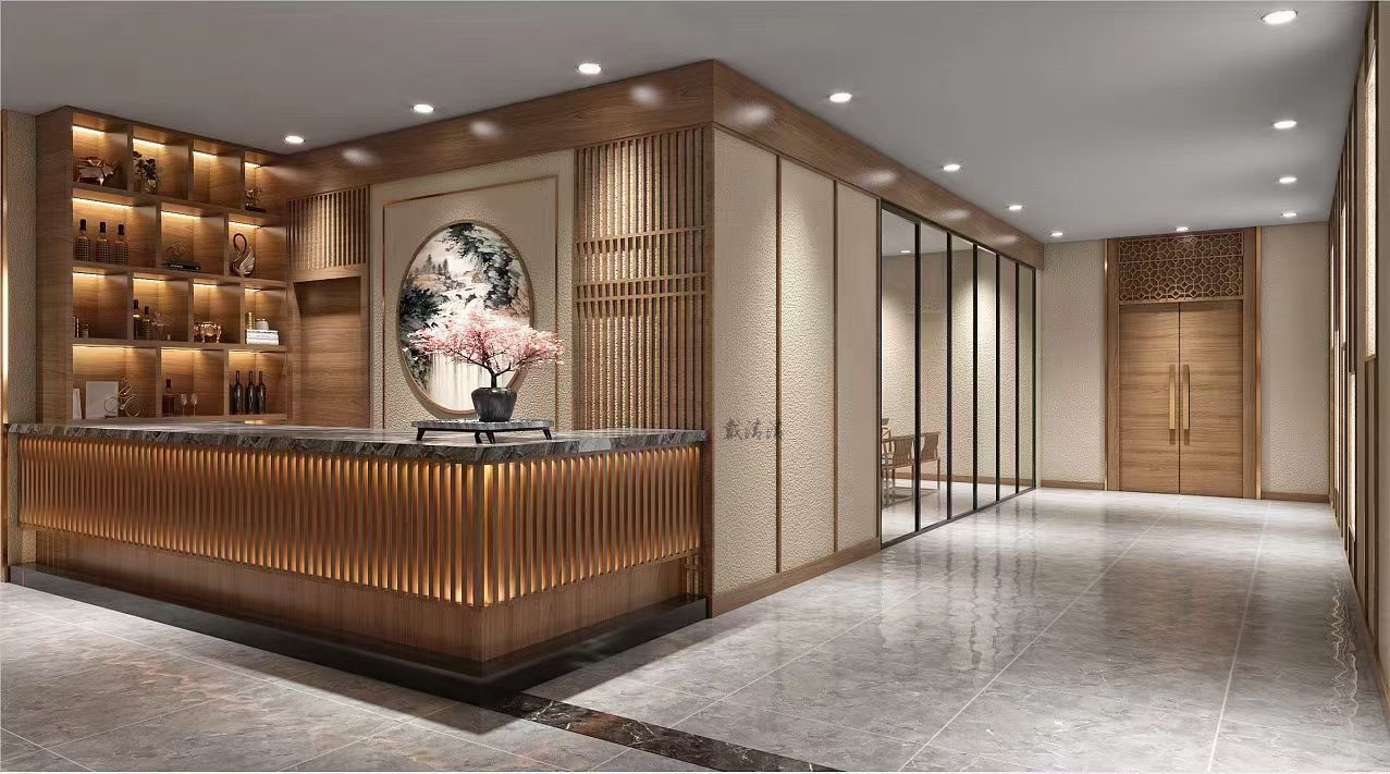 OEM/ODM CUSTOM FURNITURE MANUFACTURE DINGHAO CUSTOM NEW CHINESE STYLE HOTEL RECEPTION DESK MARBLE TOP WOODEN LOBBY COUNTER AND OTHER FURNITURES