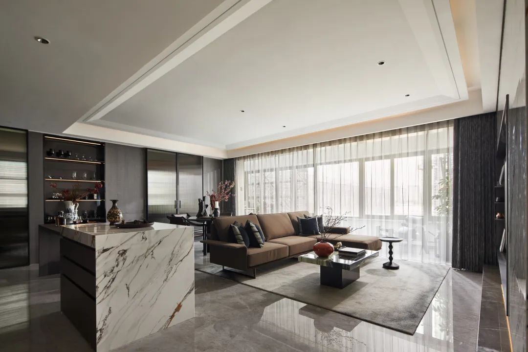 OEM/ODM CUSTOM MODERN LUXURY HOTEL LIVING & DINING FURNITURE SET | MARBLE COFFEE TABLE, L-SHAPED LEATHER SOFA, MARBLE KITCHEN ISLAND & ROUND DINING TABLE FOR VILLA & HIGH-END RESIDENTIAL