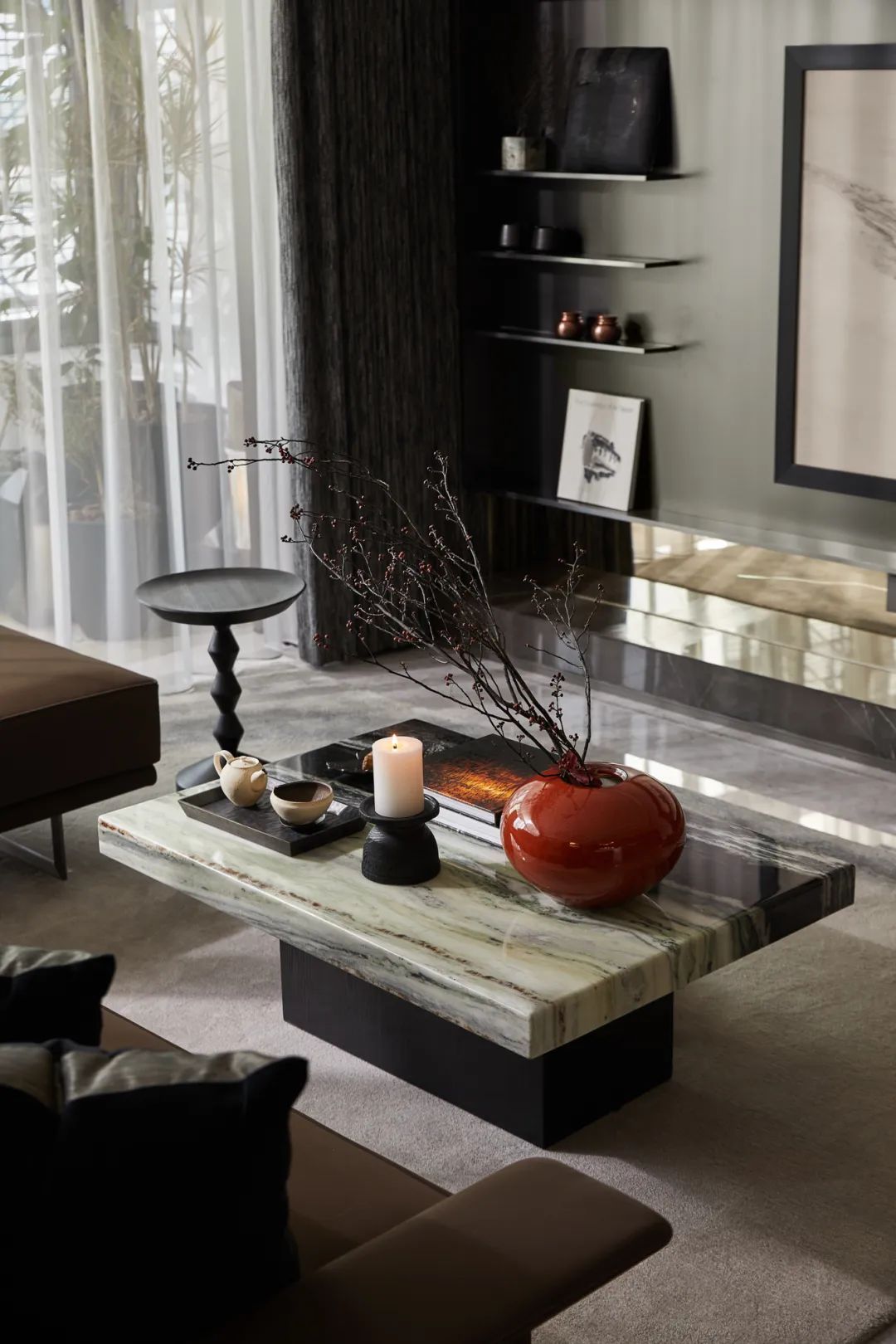 OEM/ODM CUSTOM MODERN LUXURY HOTEL LIVING & DINING FURNITURE SET | MARBLE COFFEE TABLE, L-SHAPED LEATHER SOFA, MARBLE KITCHEN ISLAND & ROUND DINING TABLE FOR VILLA & HIGH-END RESIDENTIAL