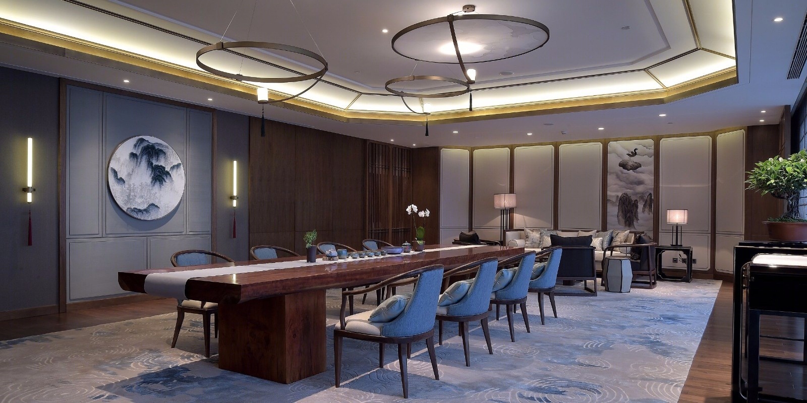OEM/ODM CUSTOM NEW CHINESE STYLE TEA ROOM FURNITURE SET | SOLID WOOD LONG TABLE AND FABRIC ARMCHAIR FOR HOTEL VIP LOUNGE & CLUBHOUSE RECEPTION