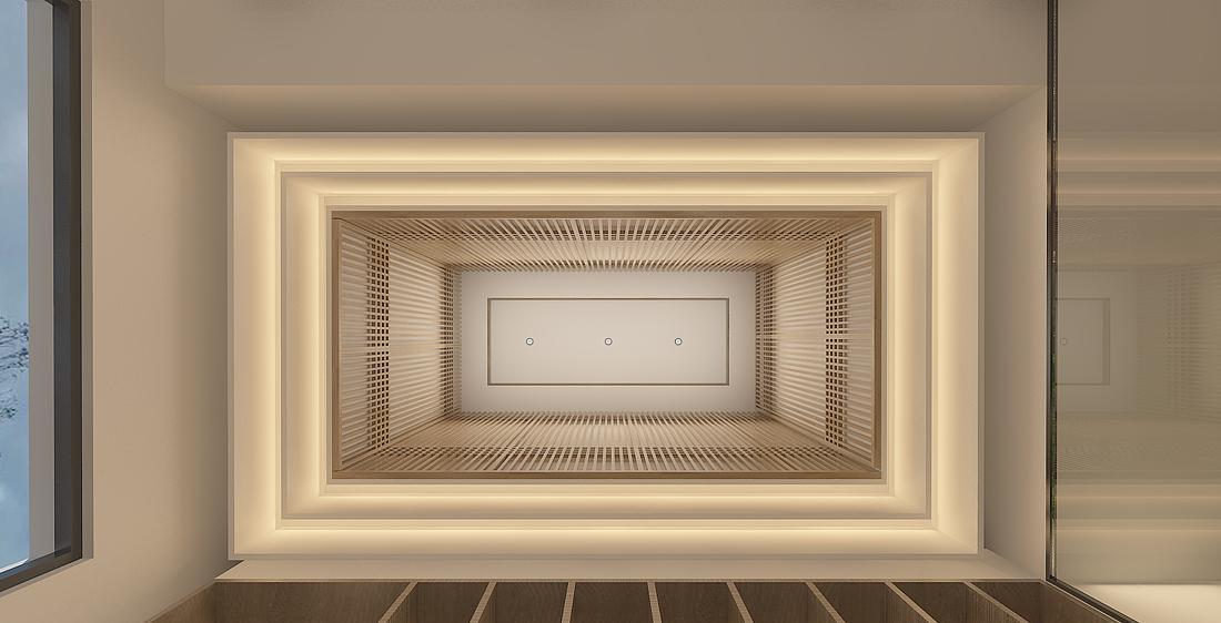 MODERN ZEN-INSPIRED SPACE BLENDS SOFT AMBIENT LIGHTING, NATURAL WOOD TEXTURES, AND FLOWING STONE PATHWAYS. THE CIRCULAR WINDOW AND NEUTRAL TONES CREATE A SERENE ATMOSPHERE