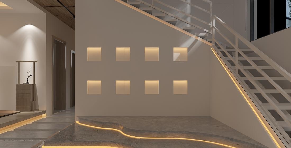 MODERN ZEN-INSPIRED SPACE BLENDS SOFT AMBIENT LIGHTING, NATURAL WOOD TEXTURES, AND FLOWING STONE PATHWAYS. THE CIRCULAR WINDOW AND NEUTRAL TONES CREATE A SERENE ATMOSPHERE