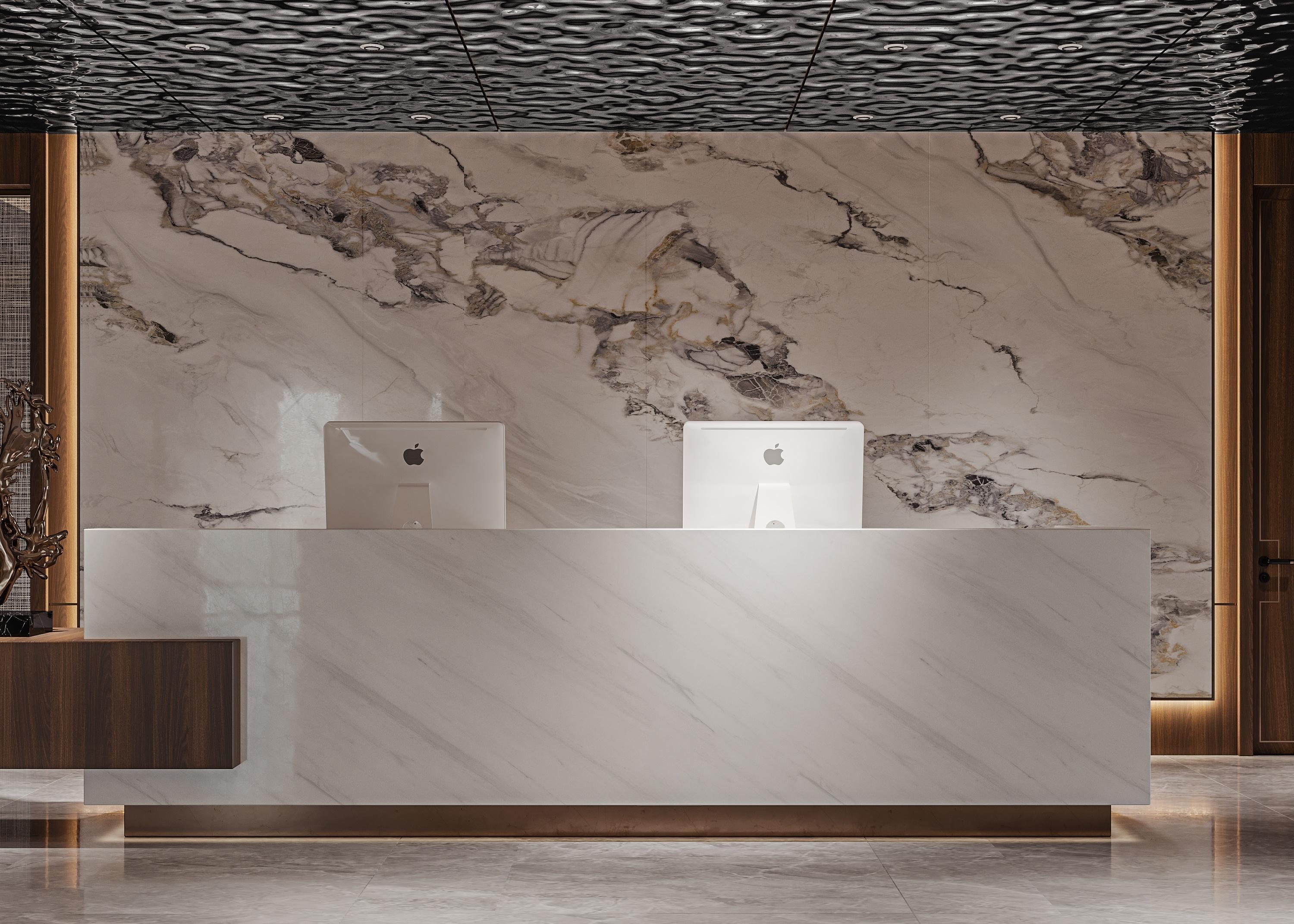 PREMIUM CUSTOM RECEPTION DESK MADE WITH HIGH-QUALITY MARBLE AND SOLID WOOD, FEATURING PRECISE CRAFTSMANSHIP FOR CORPORATE LOBBIES. CREATES A PROFESSIONAL, WELCOMING FIRST IMPRESSION FOR YOUR BUSINESS