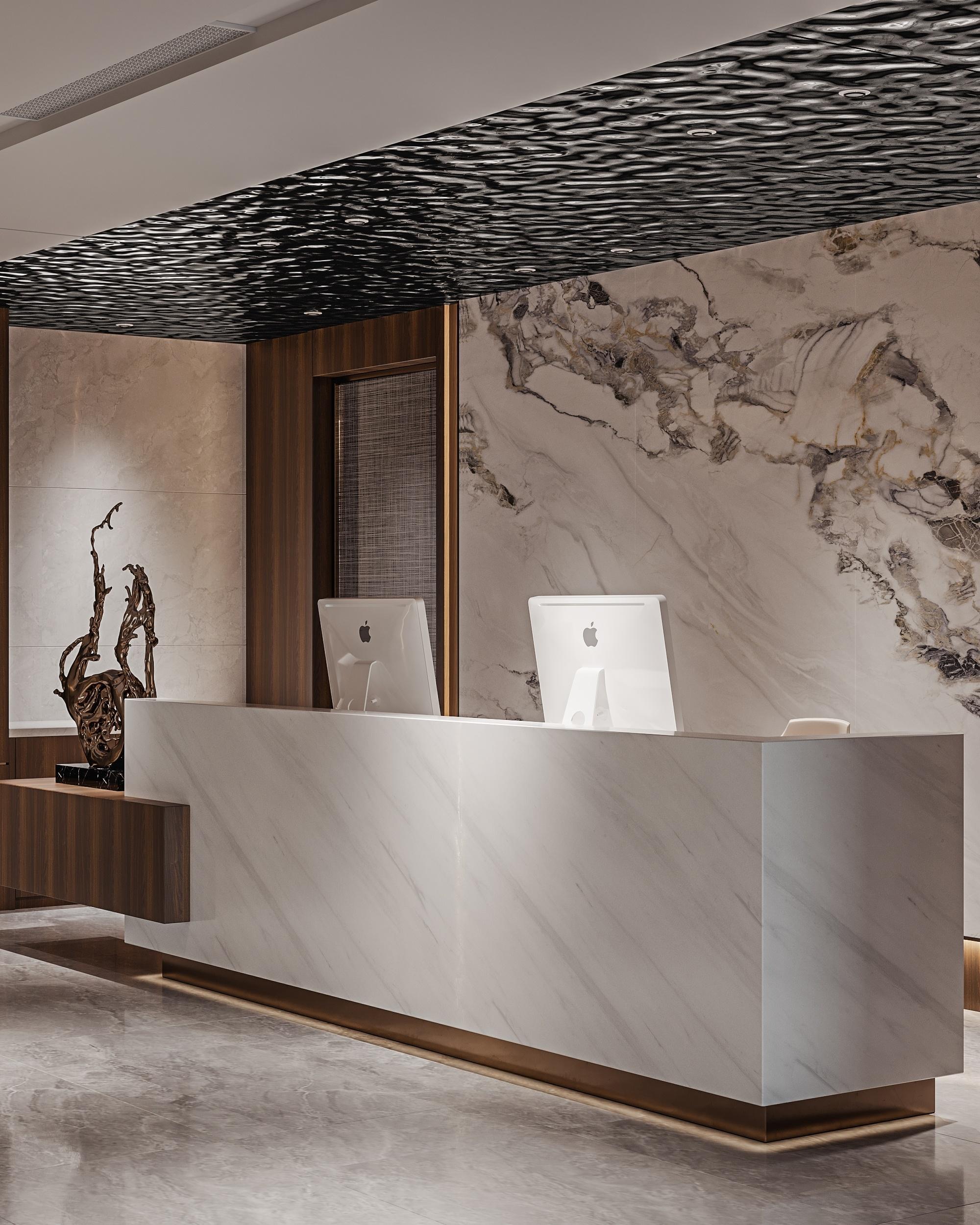 PREMIUM CUSTOM RECEPTION DESK MADE WITH HIGH-QUALITY MARBLE AND SOLID WOOD, FEATURING PRECISE CRAFTSMANSHIP FOR CORPORATE LOBBIES. CREATES A PROFESSIONAL, WELCOMING FIRST IMPRESSION FOR YOUR BUSINESS
