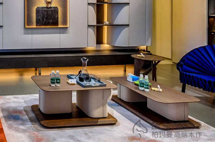 OEM/ODM CUSTOMIZED WALNUT WOOD LIVING ROOM FURNITURE - 2 NESTING COFFEE TABLES, 1 SADDLE NIGHTSTAND, 2 UPHOLSTERED CHAIRS WITH SOLID WOOD IN CHINA