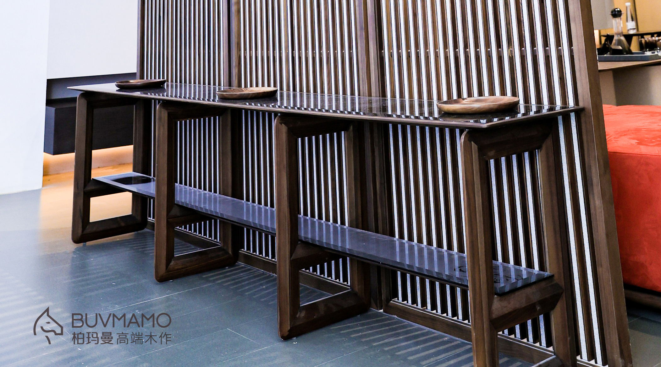OEM/ODM CUSTOM WALNUT WOOD TEA ROOM FURNITURE - ROUND TEA TABLE, SLATE GONGFU TABLE, GLASS CONSOLE TABLE, 4 CHAIRS WITH SOLID WOOD IN CHINA, GUANGDONG