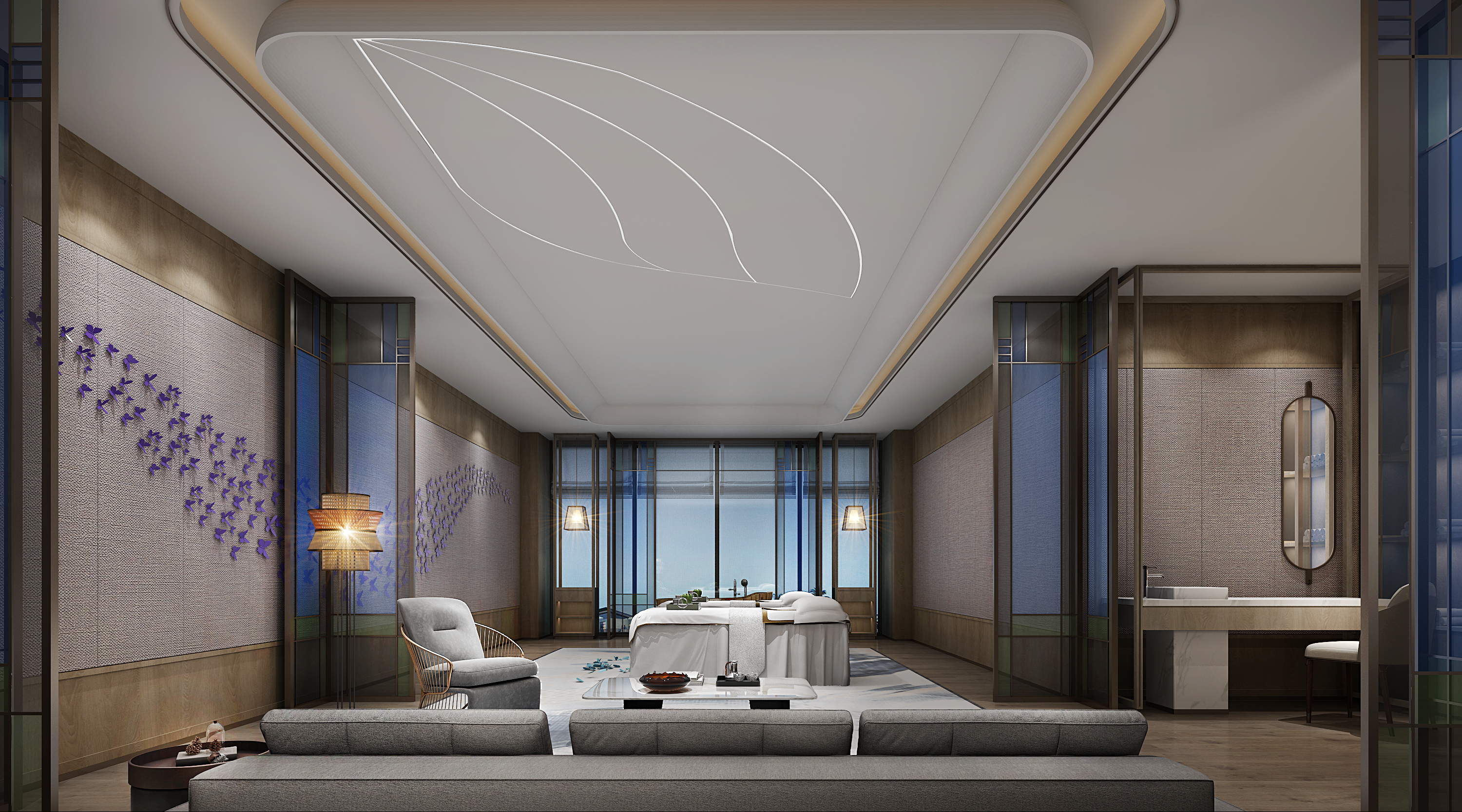NEW CHINESE LUXURY HOTEL INTERIOR DESIGN | PRIVATE DINING ROOM, SPA MASSAGE ROOM & INDOOR LEISURE LOUNGE WITH CUSTOM ORIENTAL ART DECORATION & NATURAL WOOD FINISHES