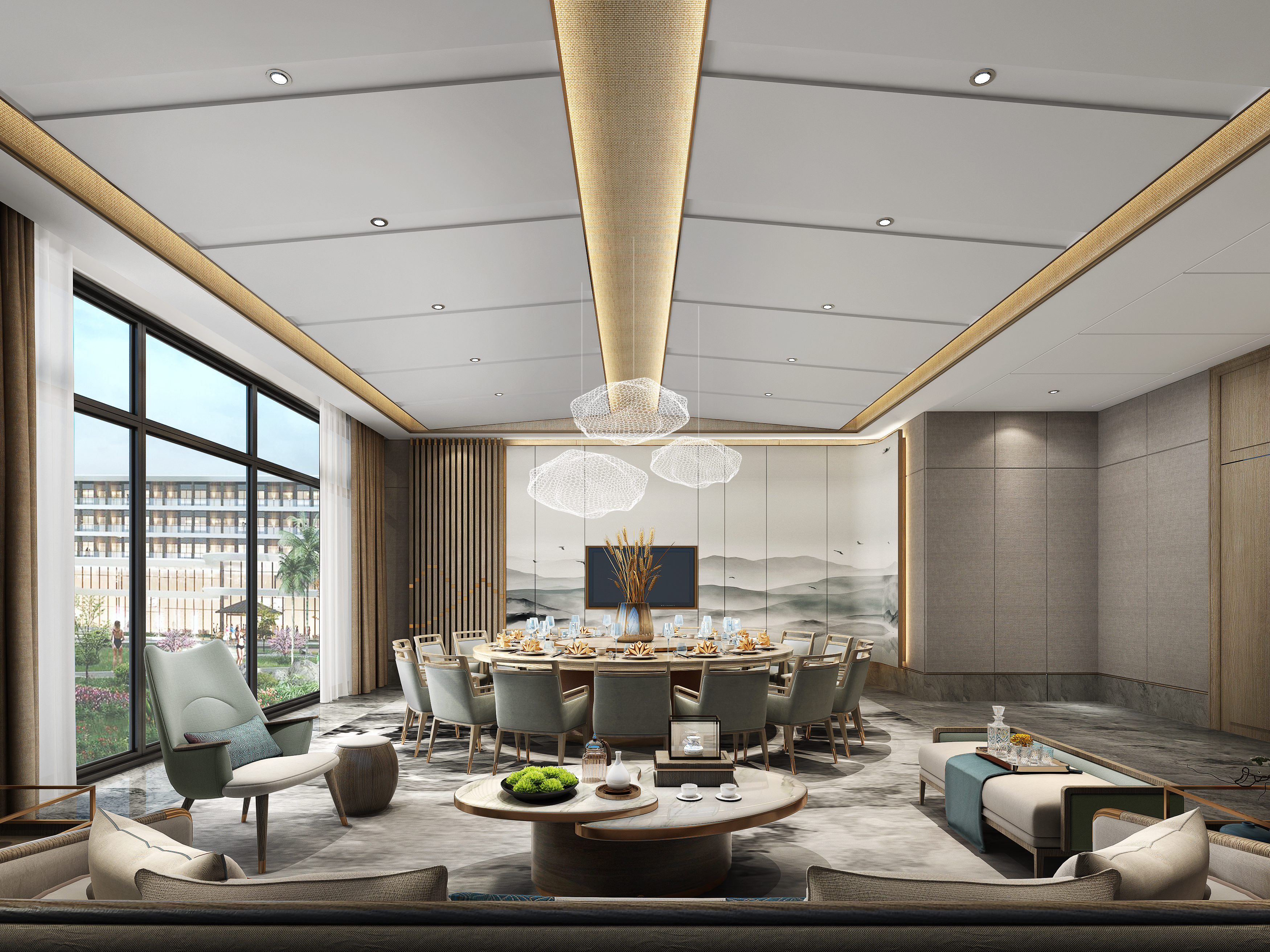 NEW CHINESE LUXURY HOTEL INTERIOR DESIGN | PRIVATE DINING ROOM, SPA MASSAGE ROOM & INDOOR LEISURE LOUNGE WITH CUSTOM ORIENTAL ART DECORATION & NATURAL WOOD FINISHES