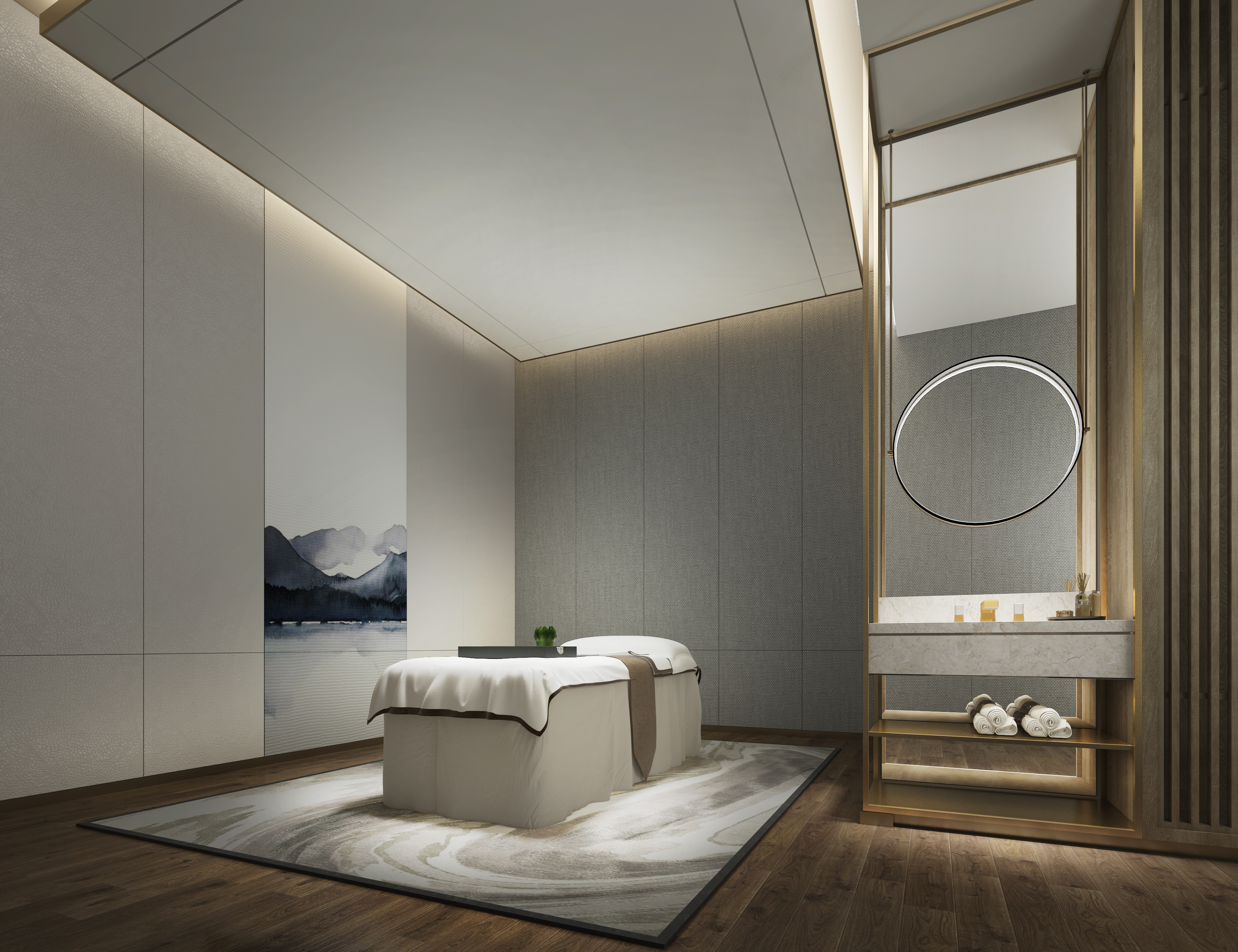 NEW CHINESE LIGHT LUXURY HOTEL INTERIOR DESIGN | SPA ROOM, RESTAURANT & CONFERENCE HALL, WOOD+FABRIC+MARBLE MATERIAL, ORIENTAL INK & HOLLOW GRILLE FEATURE FOR WELLNESS RESORT DECORATION