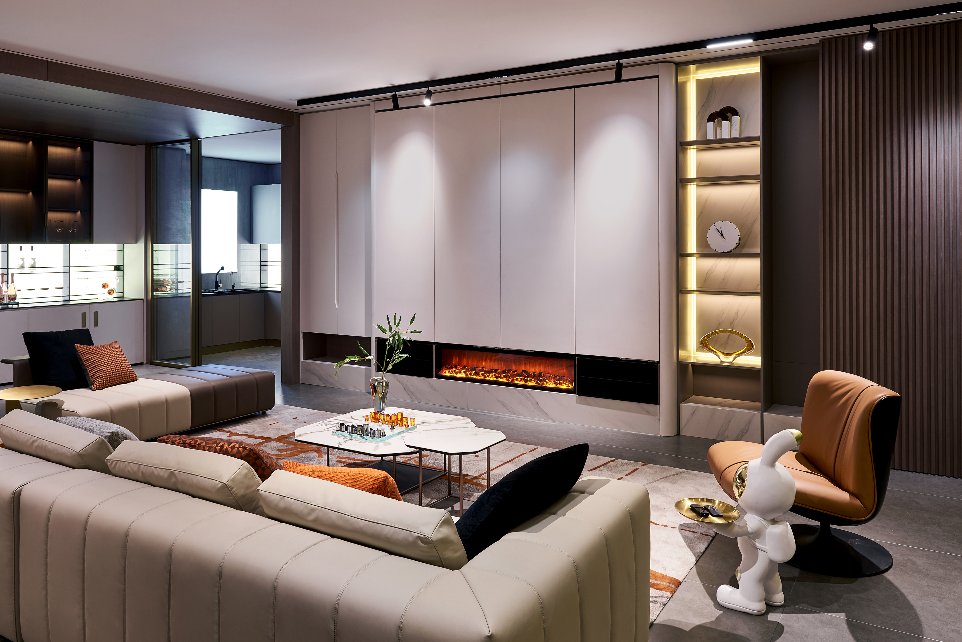 CHINA FURNITURE FACTORY WHOLE HOUSE HOME DECORATION RESIDENTIAL INTERIOR DESIGN PROJECT SUPPLIER |  INTEGRATED BUILT-IN FIXED CABINET & MATCHING MOVABLE LEATHER SOFA COFFEE TABLE