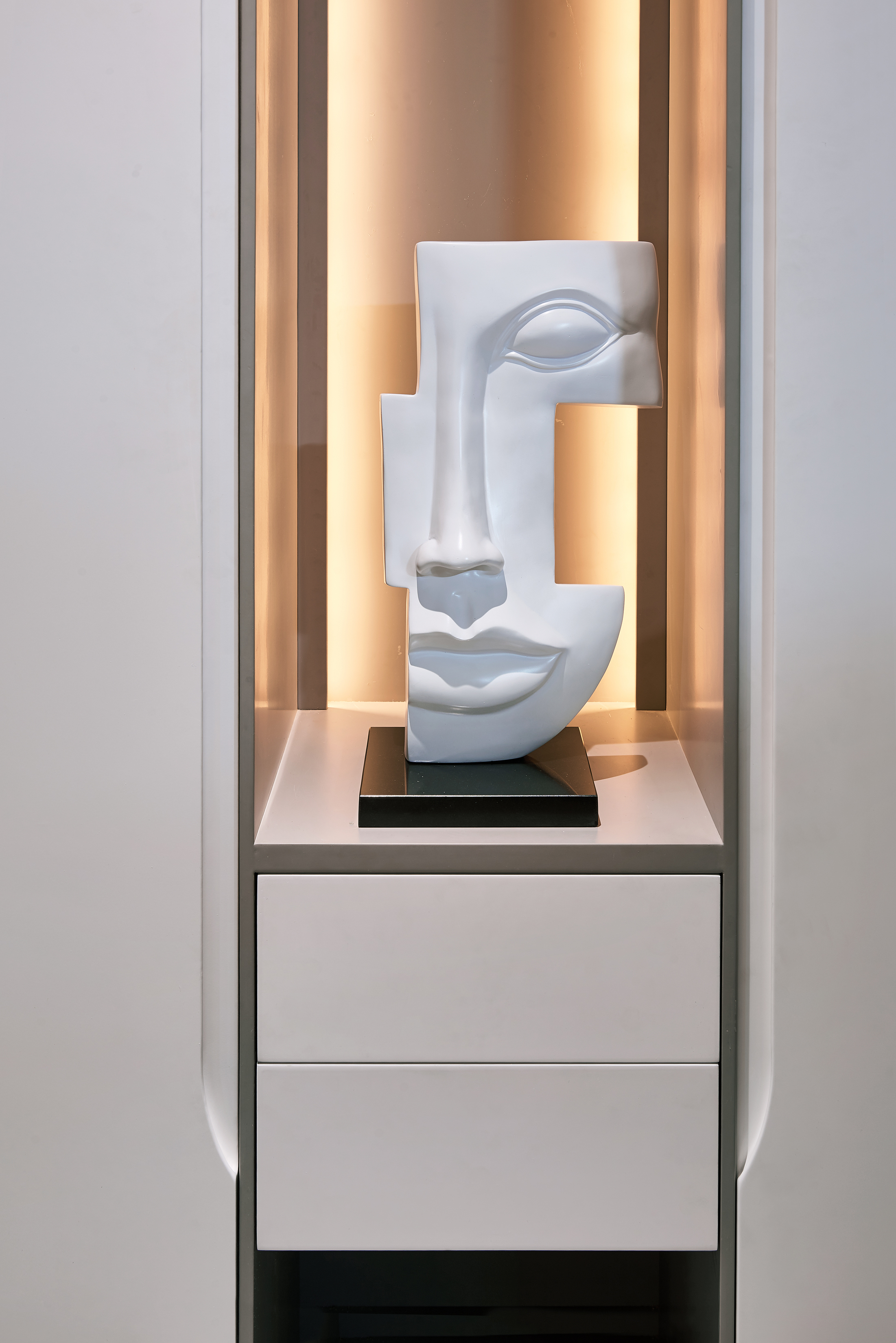 MODERN WHOLE HOUSE HOME INTERIOR DESIGN | CUSTOM BUILT-IN FIXED LEATHER WARDROBE DISPLAY CABINET & ORANGE MOVABLE WRITING DESK CHAIR  INTEGRATED FIXED STORAGE WARDROBE CABINET