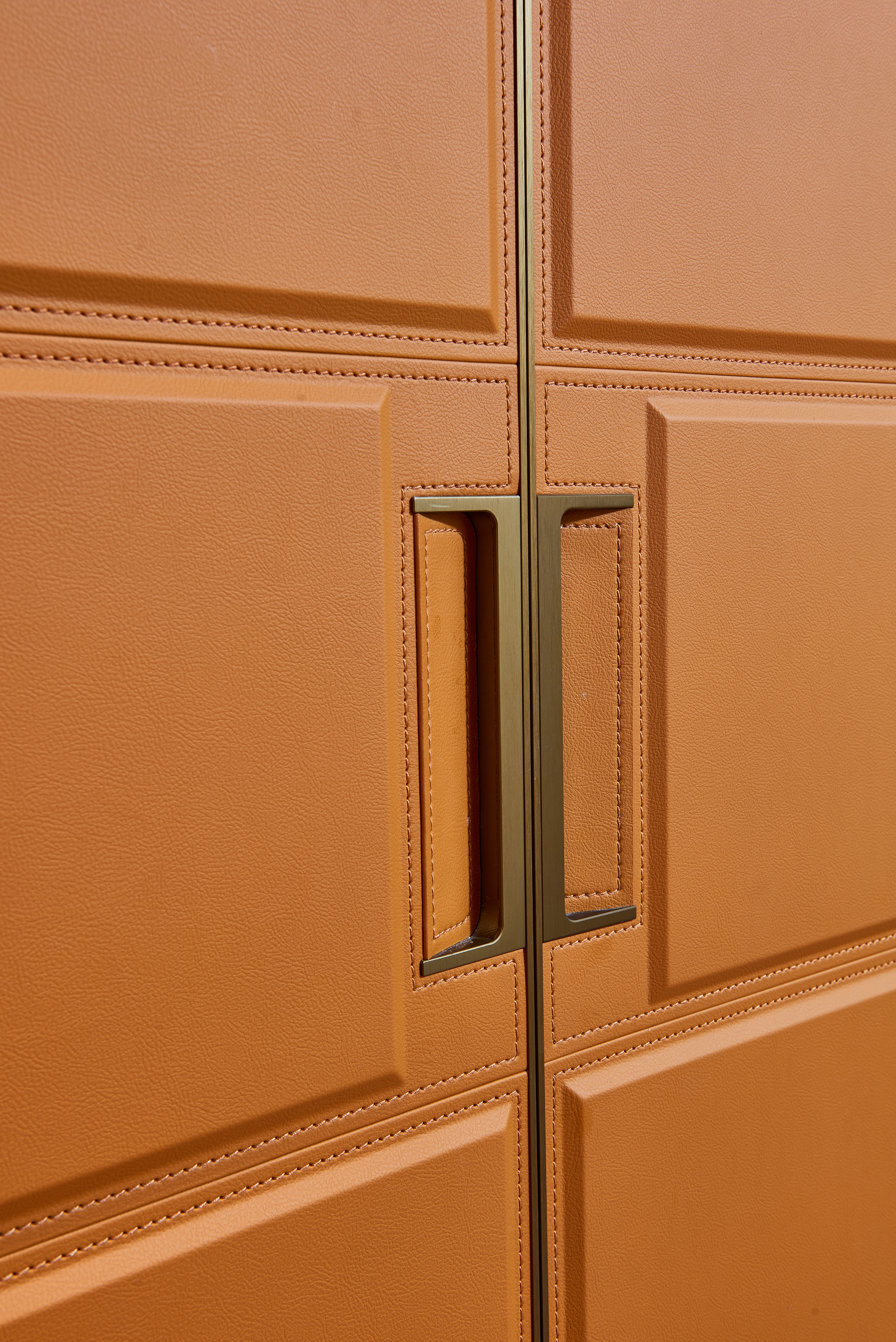 MODERN WHOLE HOUSE HOME INTERIOR DESIGN | CUSTOM BUILT-IN FIXED LEATHER WARDROBE DISPLAY CABINET & ORANGE MOVABLE WRITING DESK CHAIR  INTEGRATED FIXED STORAGE WARDROBE CABINET