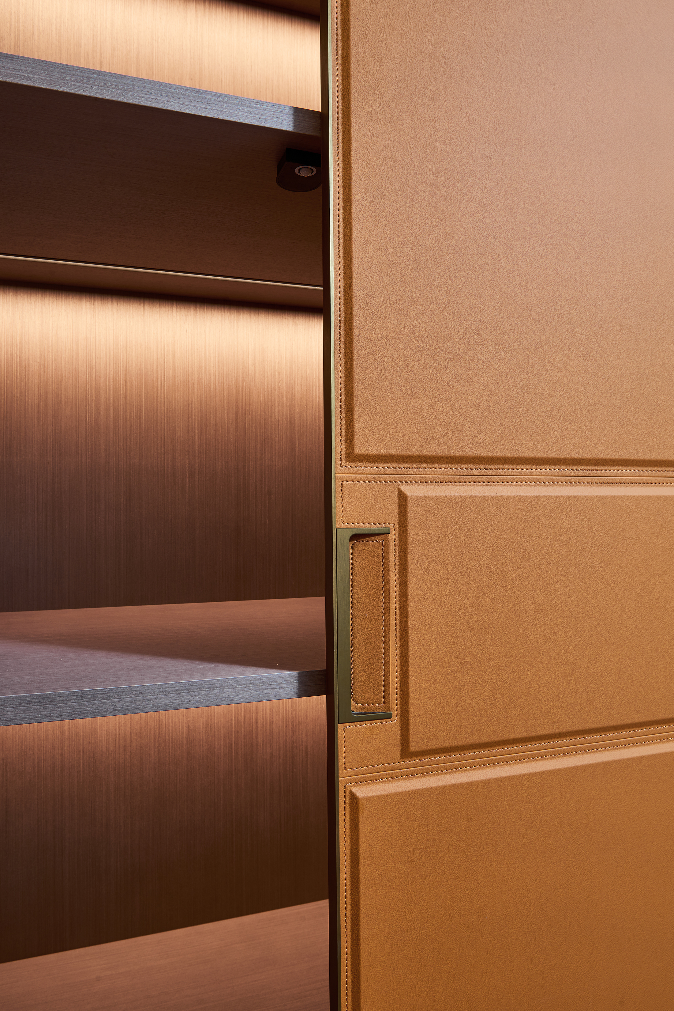 MODERN WHOLE HOUSE HOME INTERIOR DESIGN | CUSTOM BUILT-IN FIXED LEATHER WARDROBE DISPLAY CABINET & ORANGE MOVABLE WRITING DESK CHAIR  INTEGRATED FIXED STORAGE WARDROBE CABINET