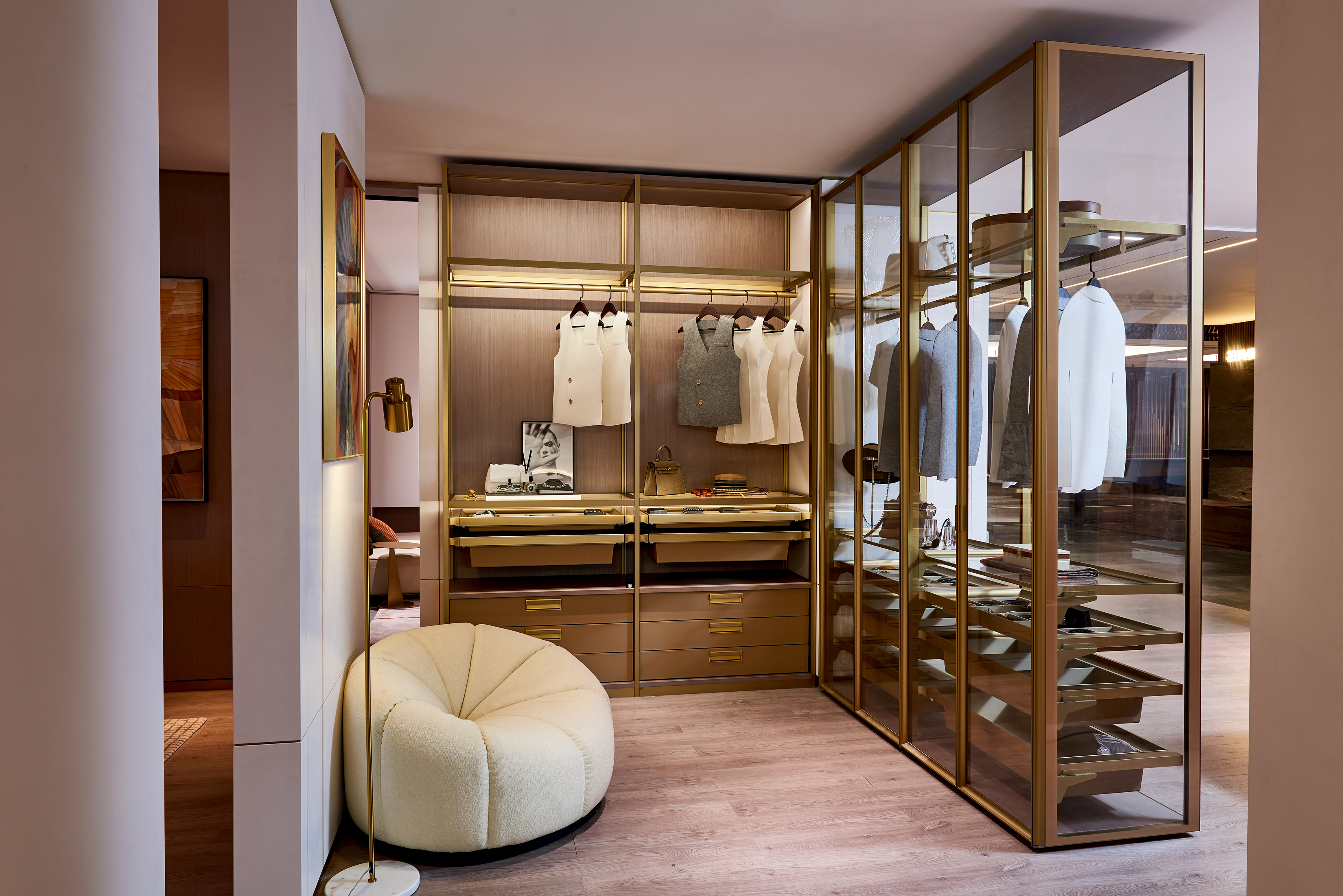 WHOLE HOUSE HOME DECORATION FURNISHING SOLUTION | LUXURY WALK-IN CLOSET INTERIOR DESIGN | CUSTOM GOLD FRAME GLASS FIXED WARDROBE CABINET & MATCHING MOVABLE BEAN BAG CHAIR HOME FURNITURE