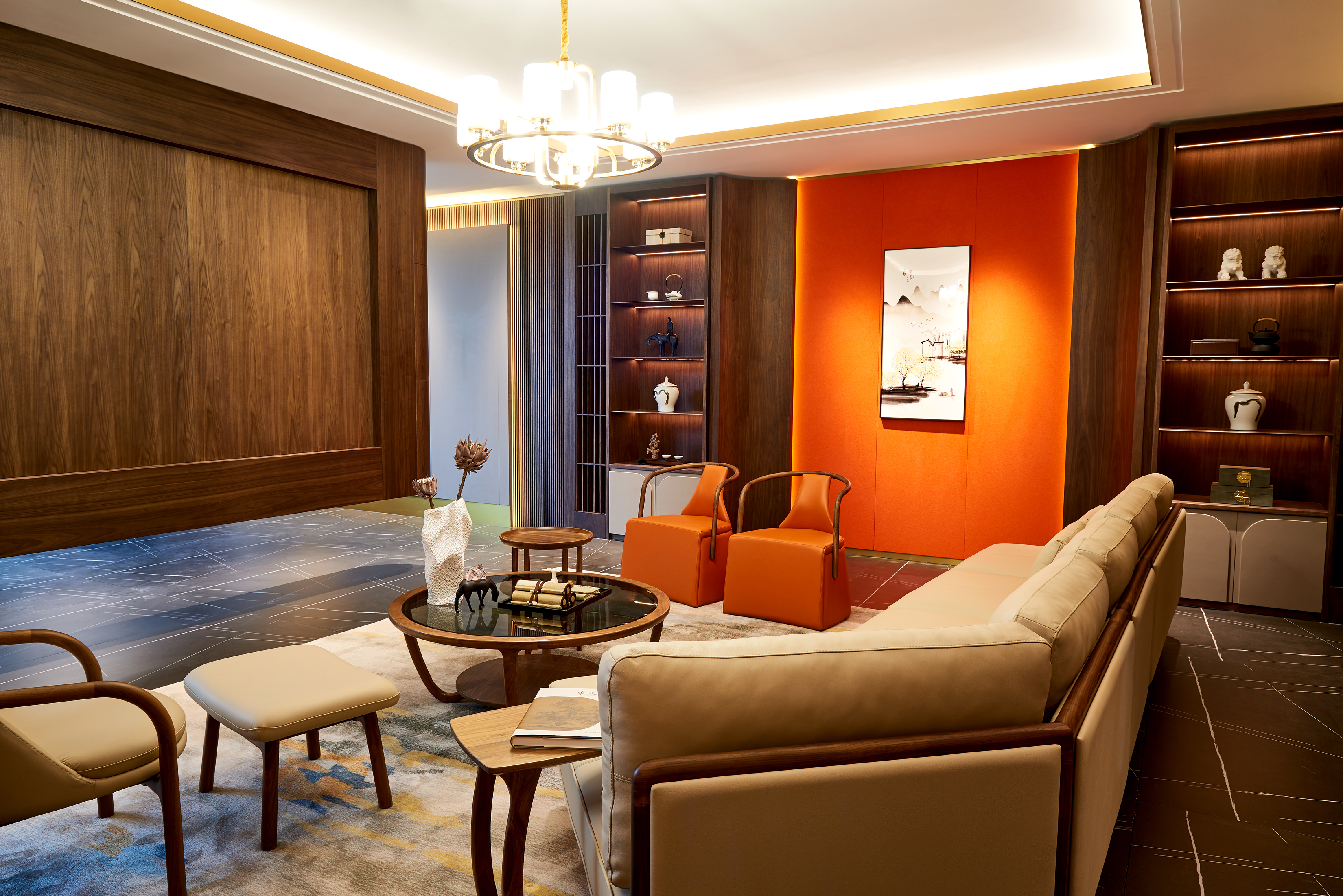 OEM/ODM CUSTOM RESIDENTIAL VILLA HOME DECORATION SUPPLIER | INTEGRATED BUILT-IN FIXED WOOD WALL STORAGE CABINET & MATCHING MOVABLE LIVING ROOM FURNITURE SETS IN CHINA