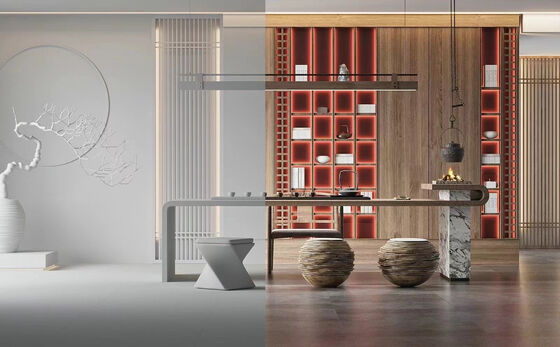 OEM/ODM op maat gemaakte meubelproductie High-end hoteltheehuismeubilair met LED-displayplanken en open cabines