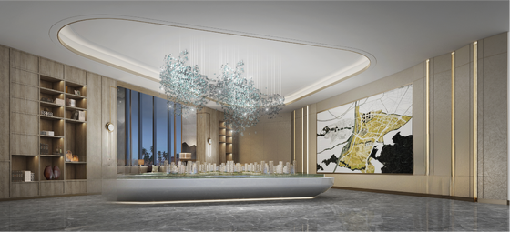 Moderne Lichter Luxus-Hotel-Innenarchitektur. Familienzimmer, Flur und Aufzug Lobby, Verkaufszentrum Showroom.