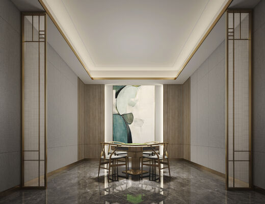 NEUE CHINESE ZEN STYLE CLUB INTERIOR DESIGN. Teelounge, Mahjong-Zimmer und Kalligrafie-Studio. Holz-Veneer und Leinen-Stoffe Wandplatten, Metallgitter-Partition und Tinte Landschaft Vollhöhe Fenster Dekoration